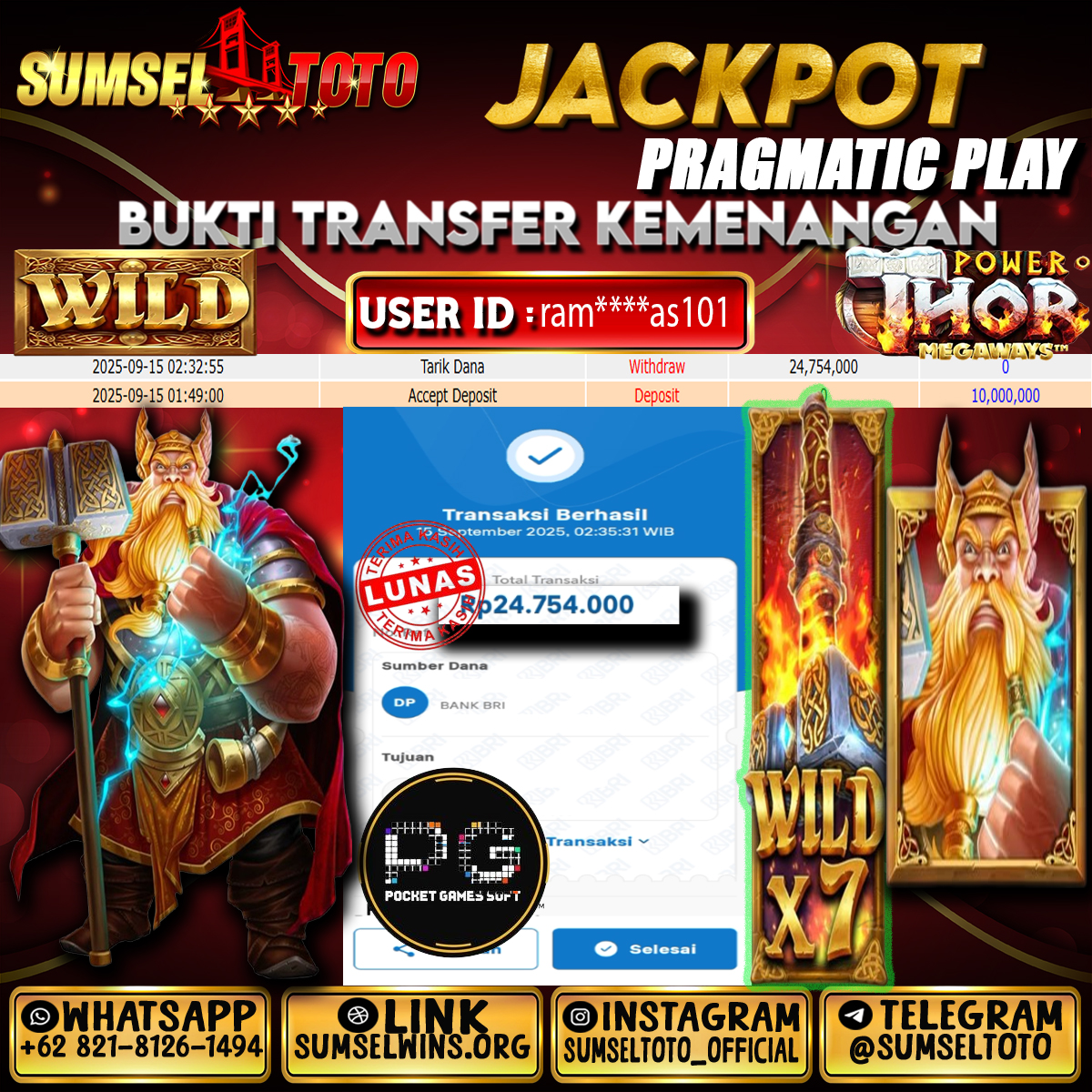 SUMSELTOTO JACKPOT POWER OF THOR MEGAWAYS Rp.24,754,000.,- LUNAS